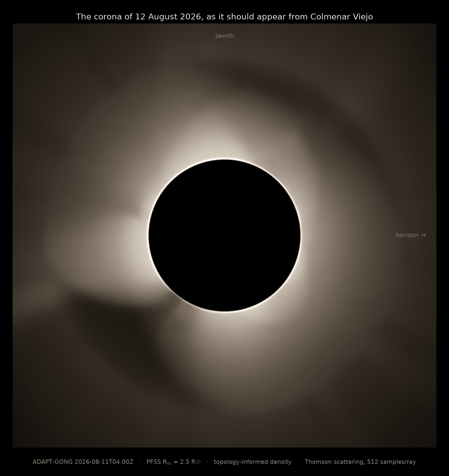 The predicted white-light corona of the 12 August 2026 eclipse, a bright inner ring with streamer lobes and dark coronal hole wedges, oriented as seen from Colmenar Viejo