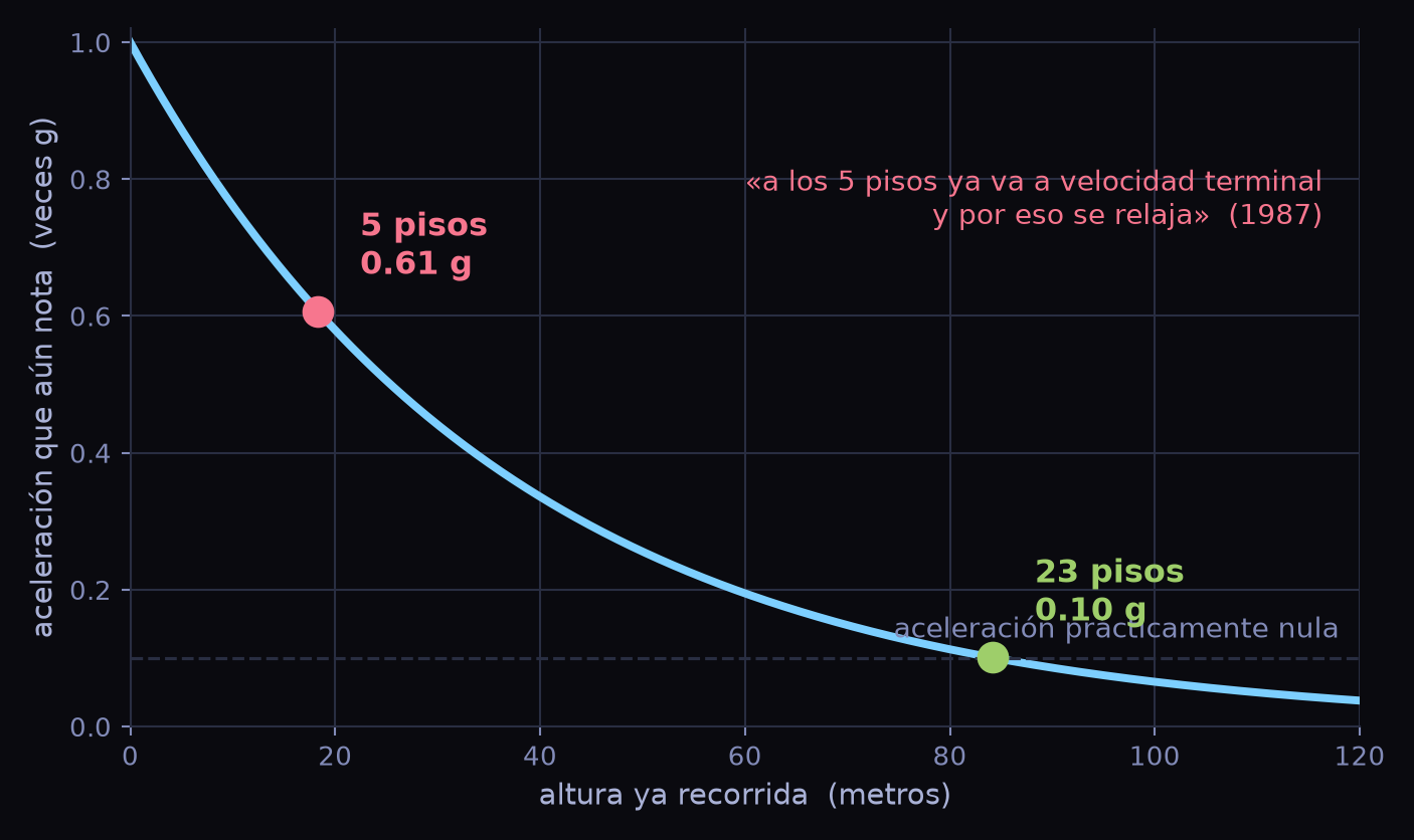 Gráfica de la aceleración que aún nota el gato frente a la altura recorrida. A cinco pisos marca 0,61 g; hacen falta unos 23 pisos para bajar de 0,1 g.